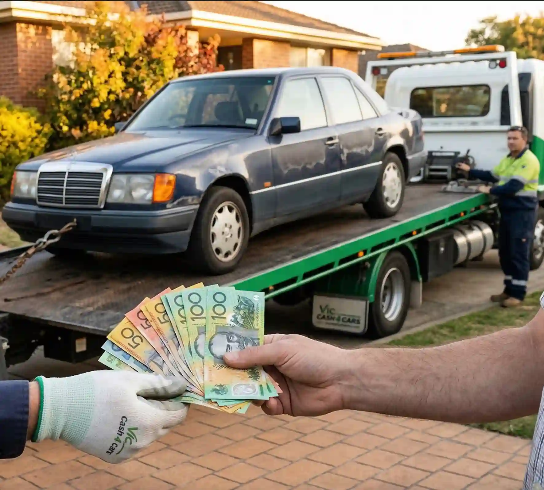 Hand giving cash to a car owner with a Vic Cash 4 Cars tow truck